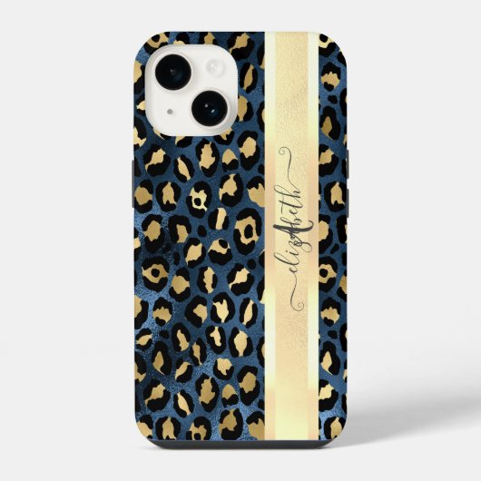 Luipaardprint Blauw Goud Monogram iPhone Hoesje (Achterkant)