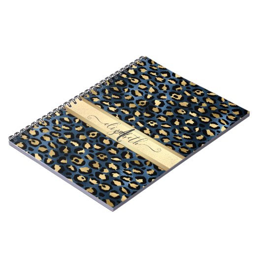 Luipaardprint Blauw Goud Monogram Notitieboek (Linkerzijde)