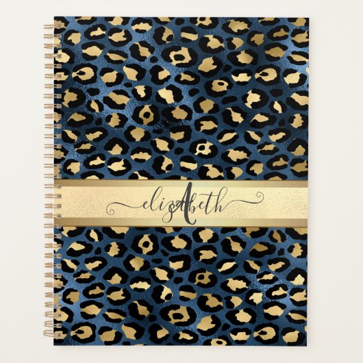 Luipaardprint Blauw Goud Monogram Planner (Voorkant)
