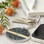 Luipaardprint Blauw Goud Monogram Sleutelhanger (Voorkant Rechts)