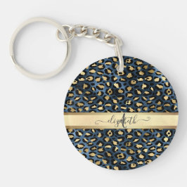 Luipaardprint Blauw Goud Monogram Sleutelhanger