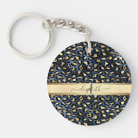 Luipaardprint Blauw Goud Monogram Sleutelhanger (Voorkant)
