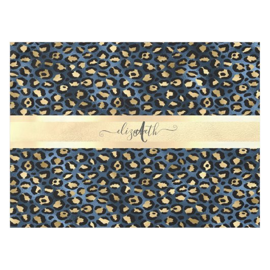 Luipaardprint Blauw Goud Monogram Tafelkleed (Voorkant (Horizontaal))
