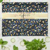 Luipaardprint Blauw Goud Monogram Theedoek (Gevouwen)