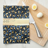 Luipaardprint Blauw Goud Monogram Theedoek (Quarter Fold)