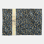 Luipaardprint Blauw Goud Monogram Theedoek (Horizontaal)