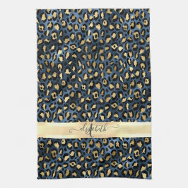 Luipaardprint Blauw Goud Monogram Theedoek