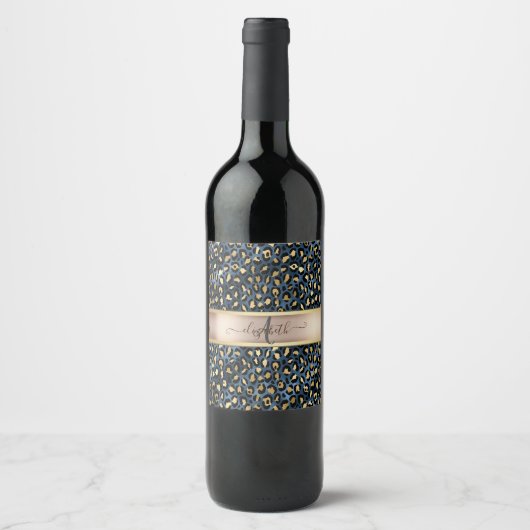 Luipaardprint Blauw Goud Monogram Wijn Etiket (Voorkant)
