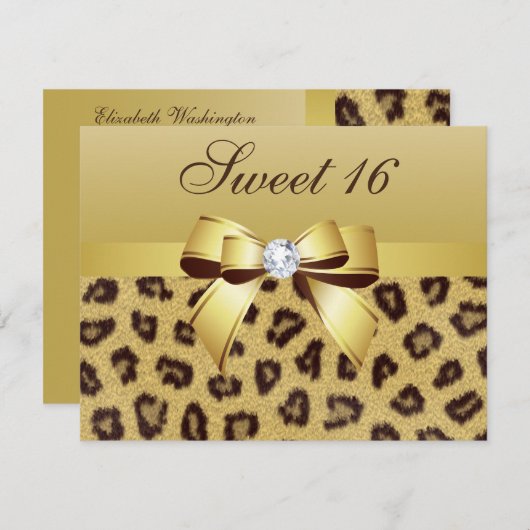 Luipaardprint, Bow & Diamond Sweet 16 Kaart (Voorkant / Achterkant)
