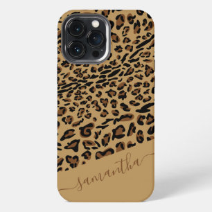 Luipaardprint Bruin Zwart Elegante Script Naam iPhone 13 Pro Max Hoesje
