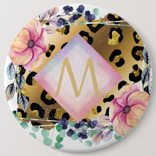 Luipaardprint Goud Roze Monogram Meisjesachtig Moo Ronde Button 6,0 Cm (Voorkant)