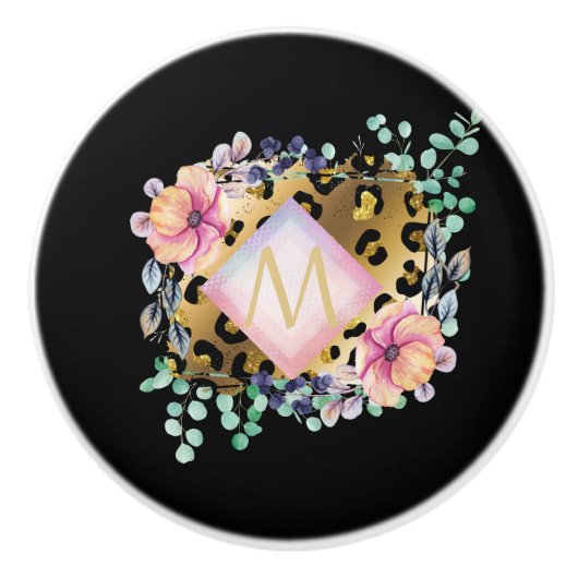 Luipaardprint Goud Roze Monogram Meisjesachtig Sti Keramische Knop (Voorkant)