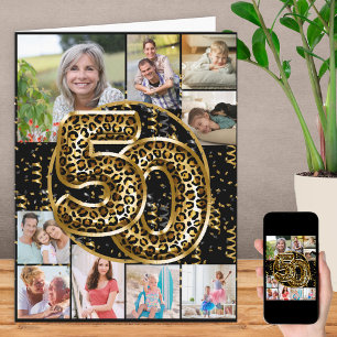 Luipaardprint Gouden Ballonnen Foto 50ste Verjaard Kaart