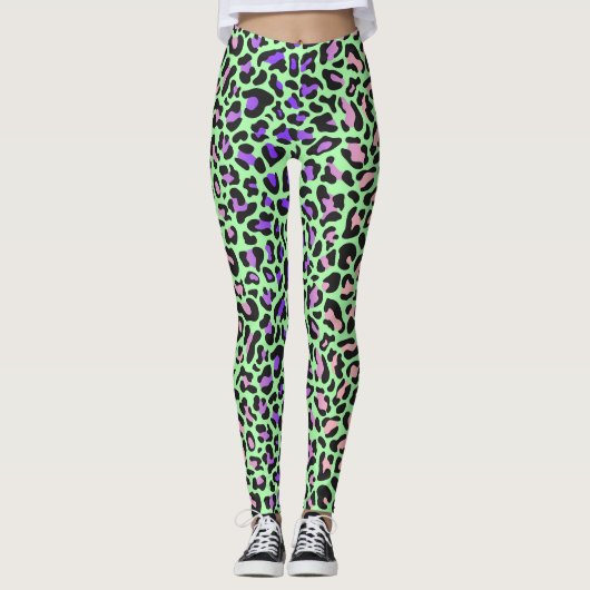 Luipaardprint Groene Paarse Roze Zwarte Leggings (Voorkant)