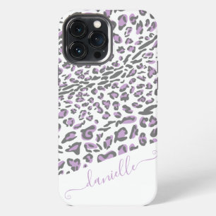 Luipaardprint Lila Grijs Elegante Script Naam iPhone 13 Pro Max Hoesje