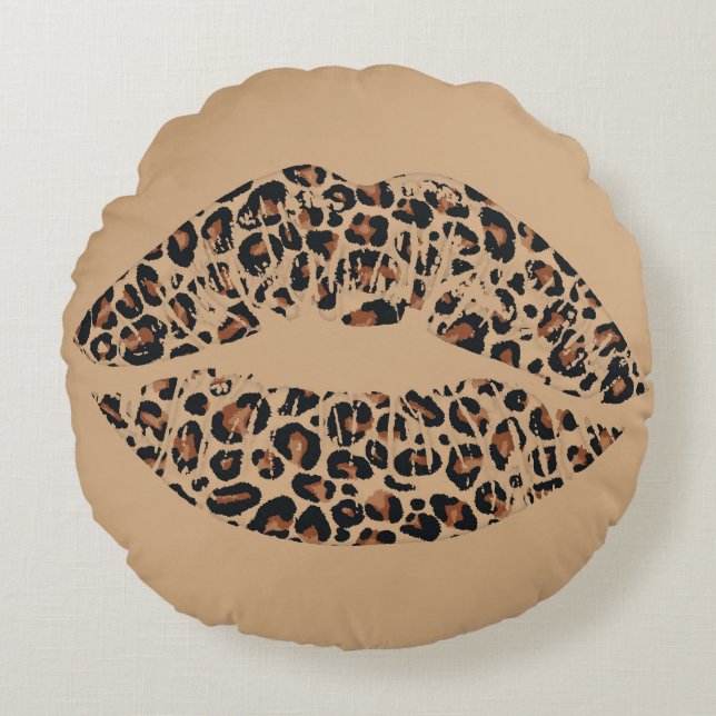 Luipaardprint Lippen Worpkussen | Chic Glam Dier Rond Kussen (Voorkant)