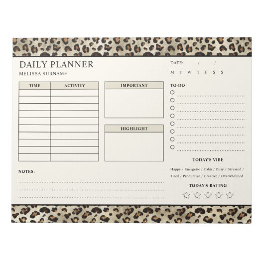 Luipaardprint Ongedateerde Dagelijkse Planner Te D Notitieblok (Voorkant)