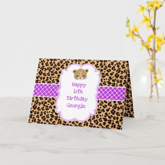 Luipaardprint Paarse Quatrefoil Kaart (Gele Bloem)