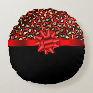 Luipaardprint rood, goud en zwart met rode strik rond kussen