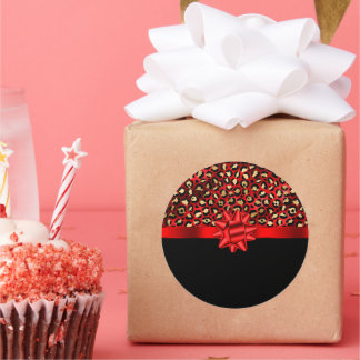 Luipaardprint rood, goud en zwart met rode strik ronde sticker
