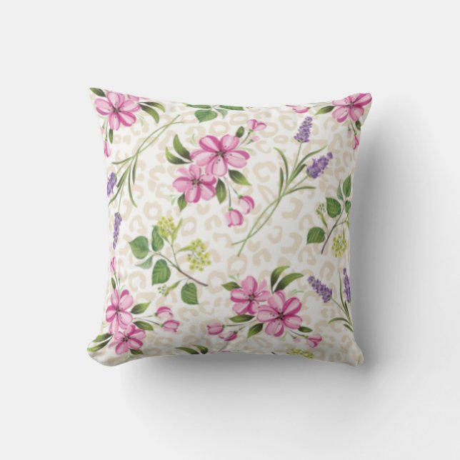 Luipaardprint Roze Bloemenkussen Kussen (Voorkant)