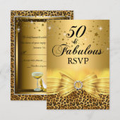 Luipaardprint & Strik 50 & Fabulous RSVP Goud Kaart (Voorkant / Achterkant)