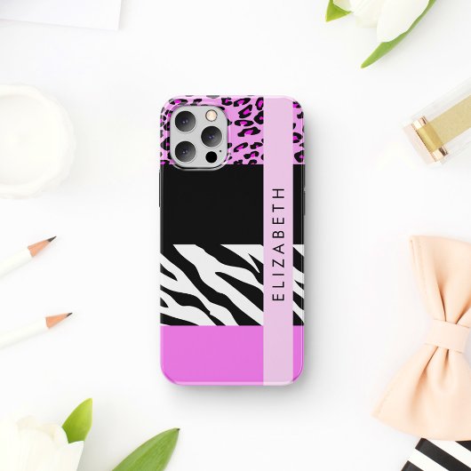 Luipaardprint, zebraprint, roze, uw naam iPhone 16 hoesje