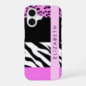 Luipaardprint, zebraprint, roze, uw naam iPhone 16 hoesje (Achterkant)