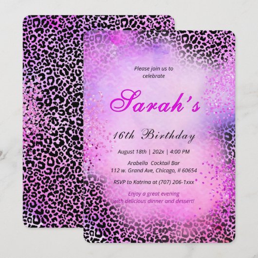 Luipaardprint Zoete 16 Roze Glitters Kaart (Voorkant / Achterkant)