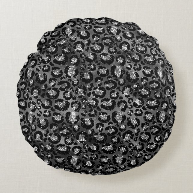 Luipaardprint Zwart en Zilver Grijs Rond Kussen (Voorkant)