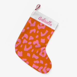Luipaardprintpatroon in roze oranje gepersonalisee kleine kerstsok