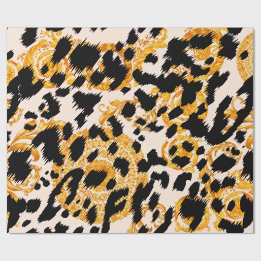 Luipaardtextuur met gouden barokpatroon cadeaupapier (Vlak)