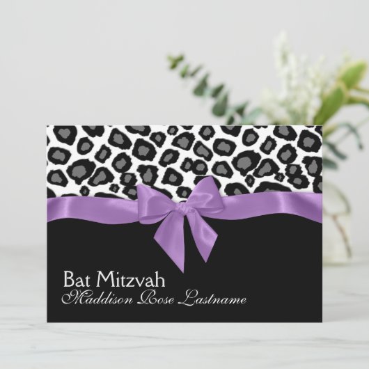 Luipaardvlekken en Paarse lint Bat Mitzvah Kaart (Staand voorkant)