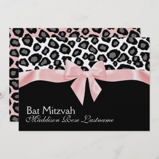 Luipaardvlekken en roze lint Bat Mitswa Kaart (Voorkant / Achterkant)