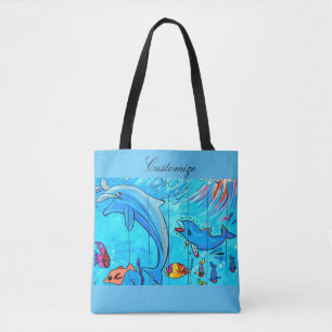 luipende lachende dolfijnen ontwerpen blauw tote bag