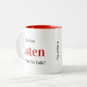 Luister... een MisterP Mok. Tweekleurige Koffiemok (Voorkant links)