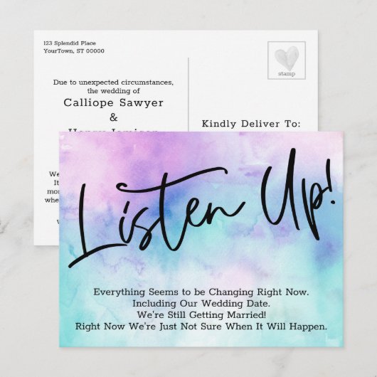 Luister! Waterverf stelt Briefkaart bruiloft uit (Voorkant / Achterkant)