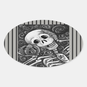 LUISTEREN NAAR UW PUMPKIN, HALLOEEN SKELETON STICK OVALE STICKER