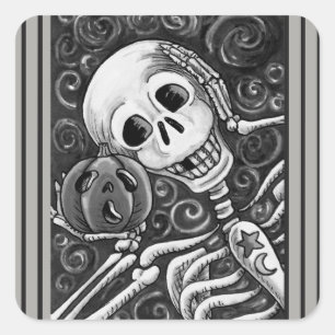 LUISTEREN NAAR UW PUMPKIN, HALLOEEN SKELETON STICK VIERKANTE STICKER