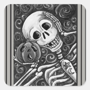LUISTEREN NAAR UW PUMPKIN, HALLOEEN SKELETON STICK VIERKANTE STICKER