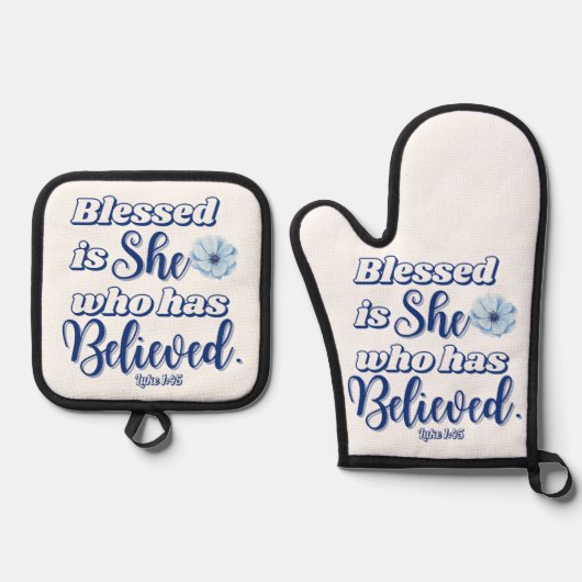 Lukas 1:45 Gezegend is wie Blauwe Bloem heeft gelo Ovenwant & Pannenlap Set (Voorkant)