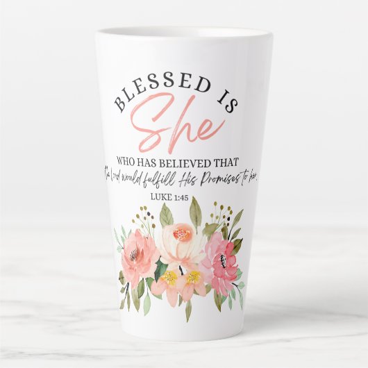 Lukas 1:45 Gezegend is zij, de bloemige Schrift Latte Mok (Voorkant)