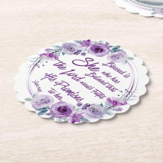 Lukas 1:45 Gezegend is zij met Paarse bloemen Kartonnen Onderzetters (Gekanteld)