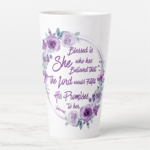 Lukas 1:45 Gezegend is zij met Paarse bloemen Latte Mok