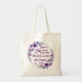 Lukas 1:45 Gezegend is zij met Paarse bloemen Tote Bag