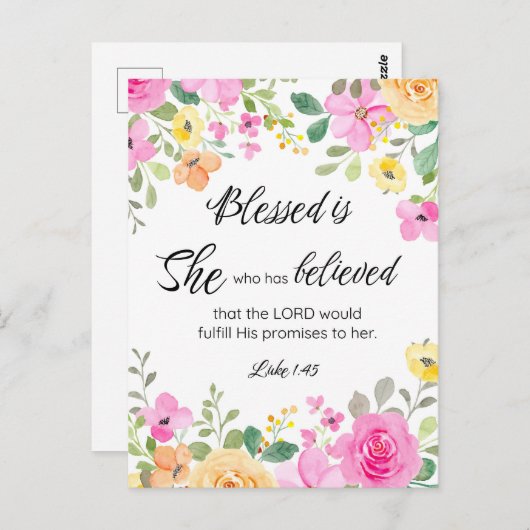 Lukas 1:45 Gezegend is zij, Vrouwengeschriften, Bl Briefkaart (Voorkant / Achterkant)