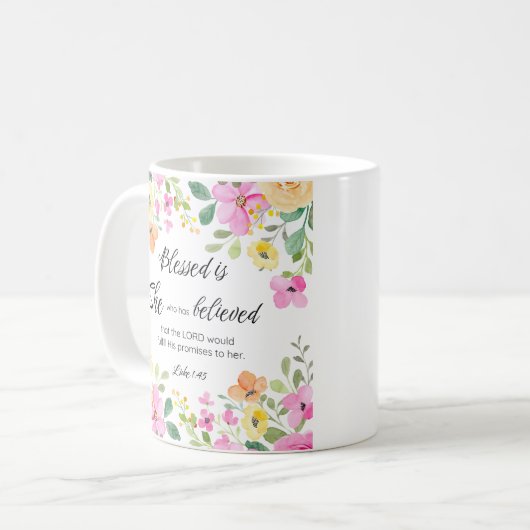 Lukas 1:45 Gezegend is zij, Vrouwengeschriften, Bl Koffiemok (Voorkant links)