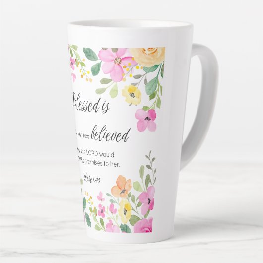 Lukas 1:45 Gezegend is zij, Vrouwengeschriften, Bl Latte Mok (Rechterhoek)