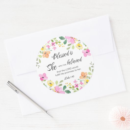 Lukas 1:45 Gezegend is zij, Vrouwengeschriften, Bl Ronde Sticker (Envelop)