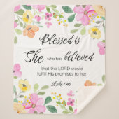 Lukas 1:45 Gezegend is zij, Vrouwengeschriften, Bl Sherpa Deken (Voorkant)